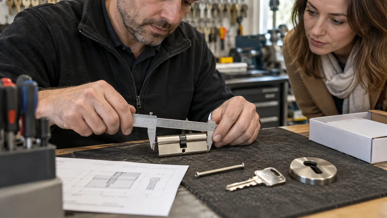 Gros plan sur les inscriptions et références gravées sur le corps d'un cylindre de serrure