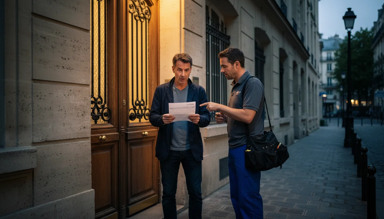 Client qui examine une facture de serrurerie avec un artisan devant une porte d'immeuble parisien
