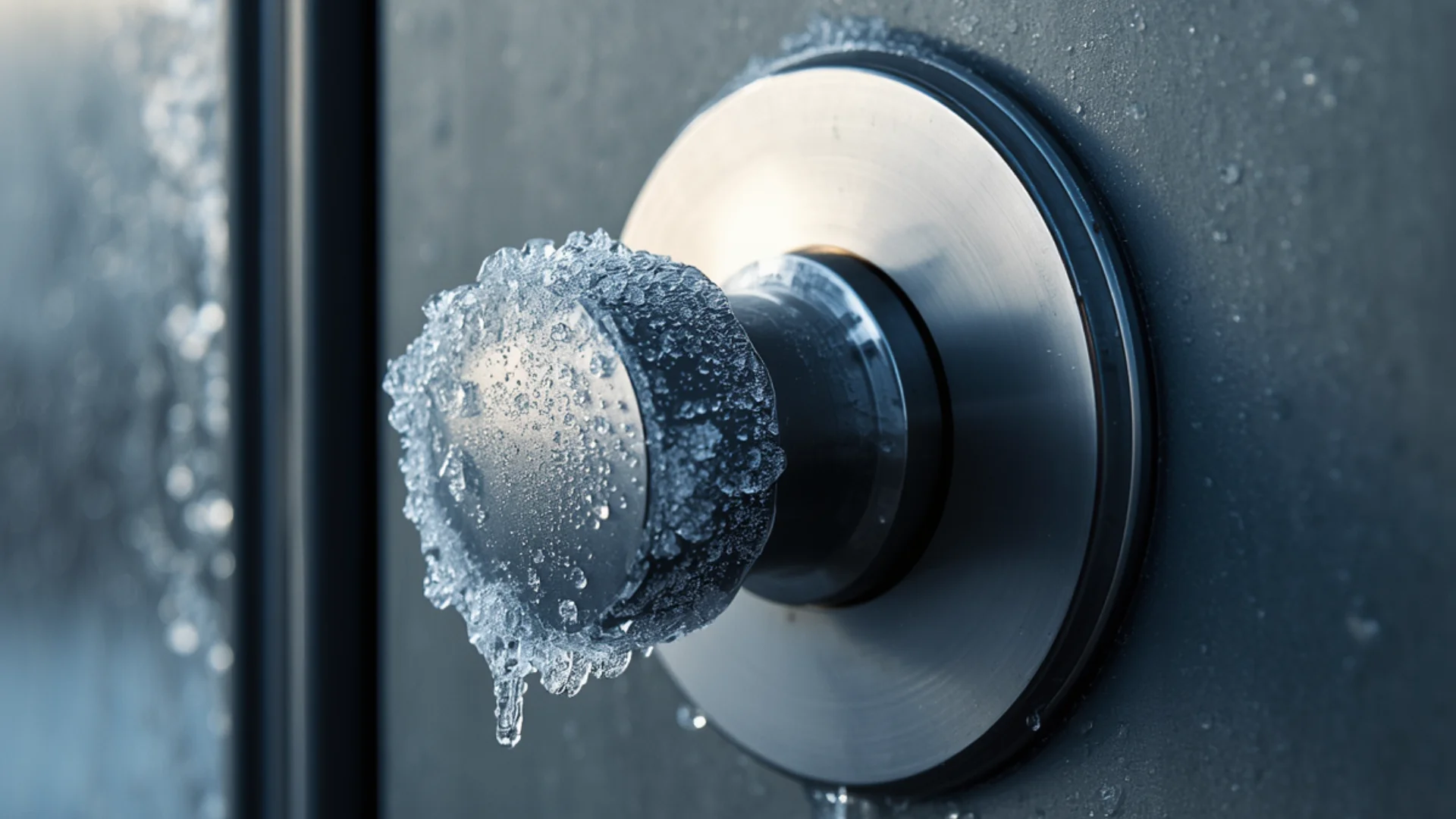 Trace de condensation sur une porte d'entrée dans une maison à Vaucresson en hiver