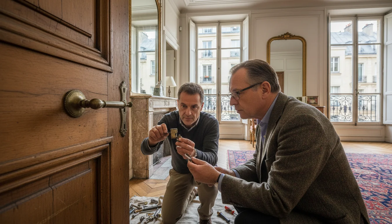 Panneton usé sur une porte ancienne à Paris 4e : le symptôme qui précède la panne complète