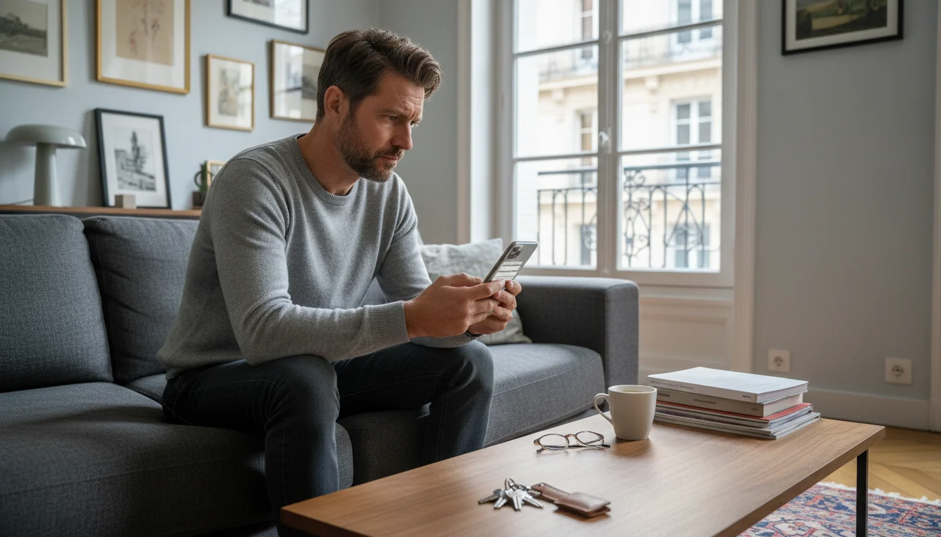Personne qui déclare en ligne un sinistre de perte de clé sur son smartphone