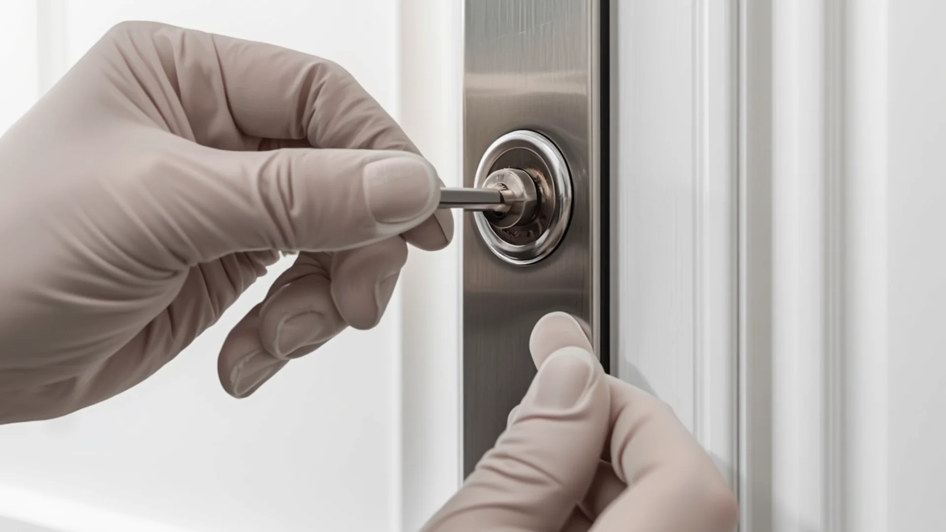Serrurier diagnostiquant une serrure difficile à manœuvrer sur une porte à Paris 7e