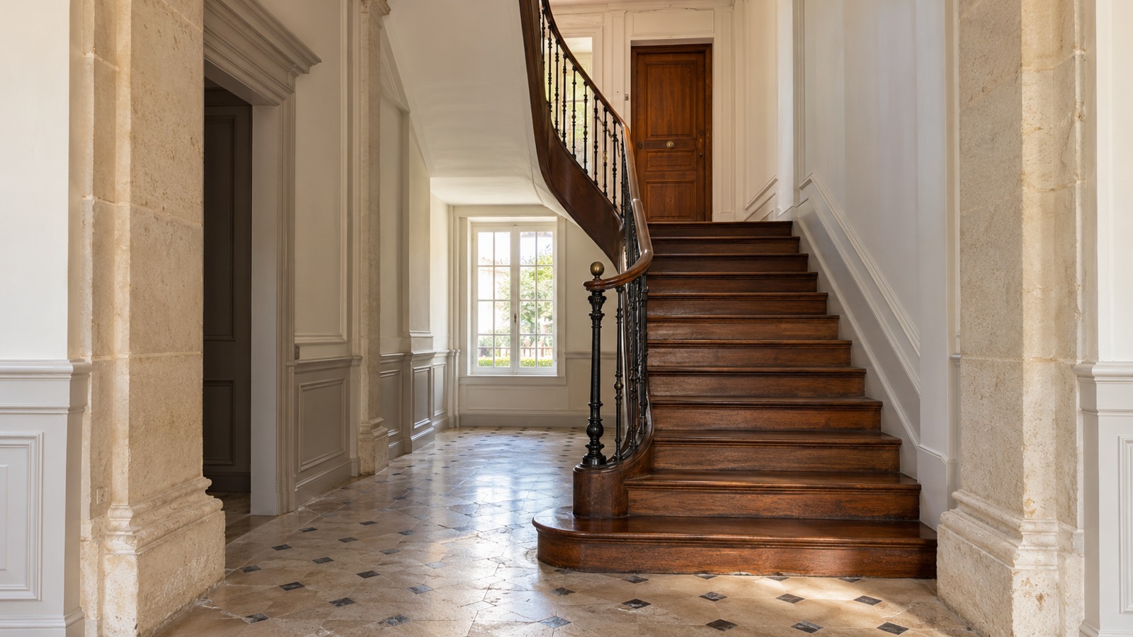 Hall rénové d'un immeuble ancien et porte d'appartement d'origine