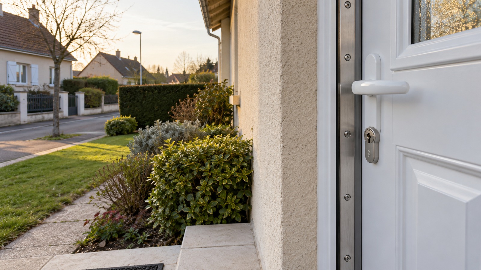 Porte d'entrée d'une maison des années 80 avec cylindre et cornière de renfort
