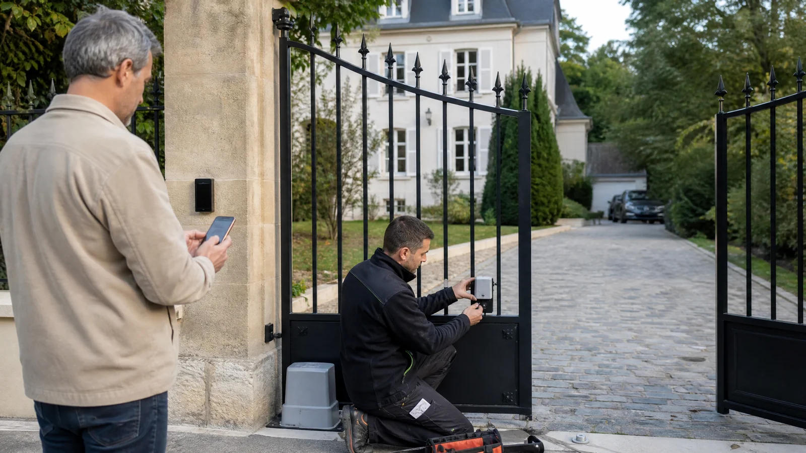 Serrure connectée sur une porte d’entrée de maison à Saint-Cloud